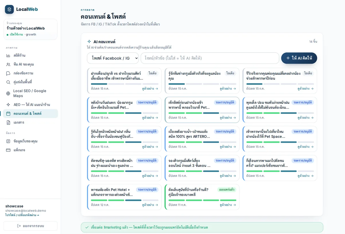 หน้าคอนเทนต์ & โพสต์ในระบบหลังบ้าน LocalWeb — ให้ AI ร่างโพสต์ให้เลือก แล้วตั้งเวลาลง Facebook / Instagram / TikTok